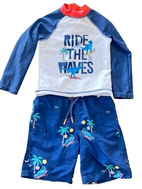 Toddler‎ Kids Rashguard & Shorts Set  'Ride The Waves' Navy & White 3T